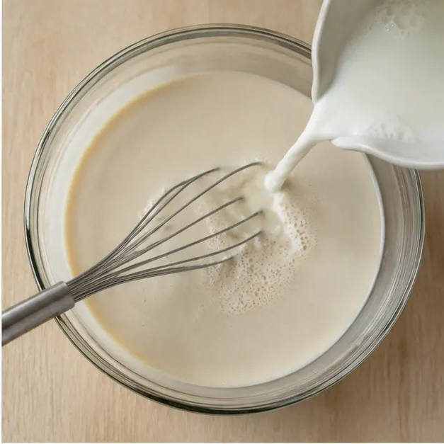 Step 2: Whisking heavy cream and whole milk into the sweetened base
