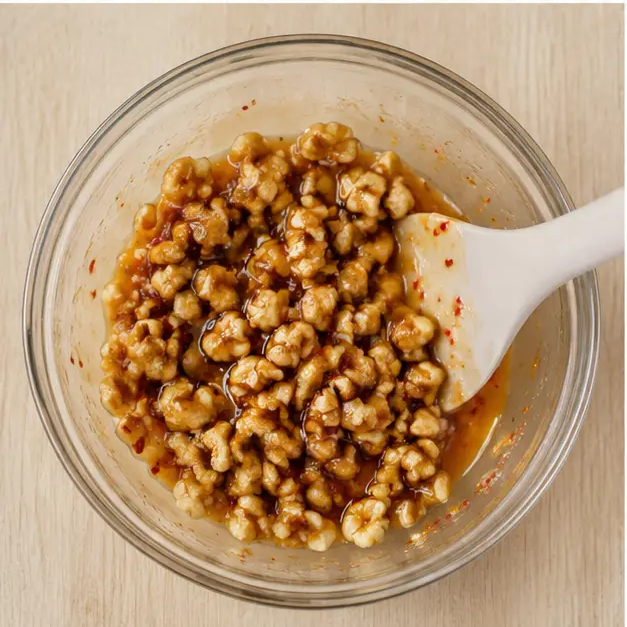 Step 3: Tossing walnuts with maple syrup, soy sauce, and chili flakes for the topper