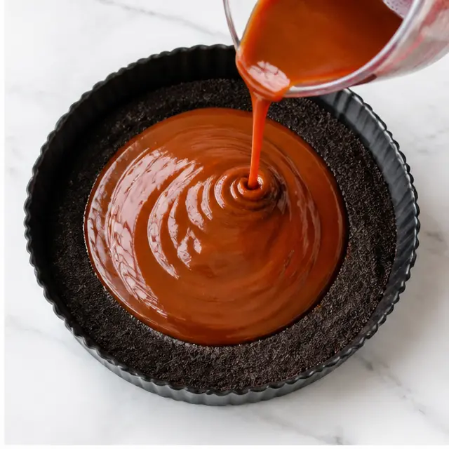 Pour red-tinted vegan caramel over the chilled pressed cookie crust