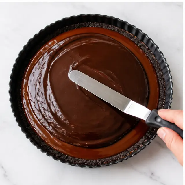 Spread glossy dark chocolate coconut ganache evenly over the caramel layer