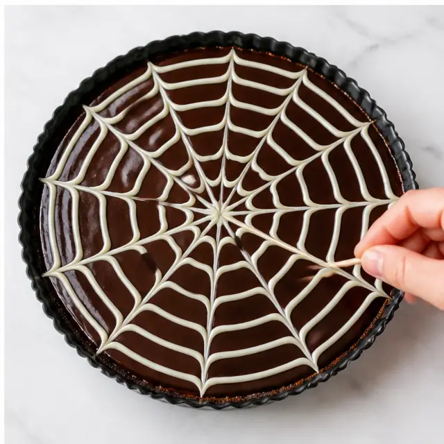 Pipe white chocolate web lines over the soft ganache and drag toothpick for web effect
