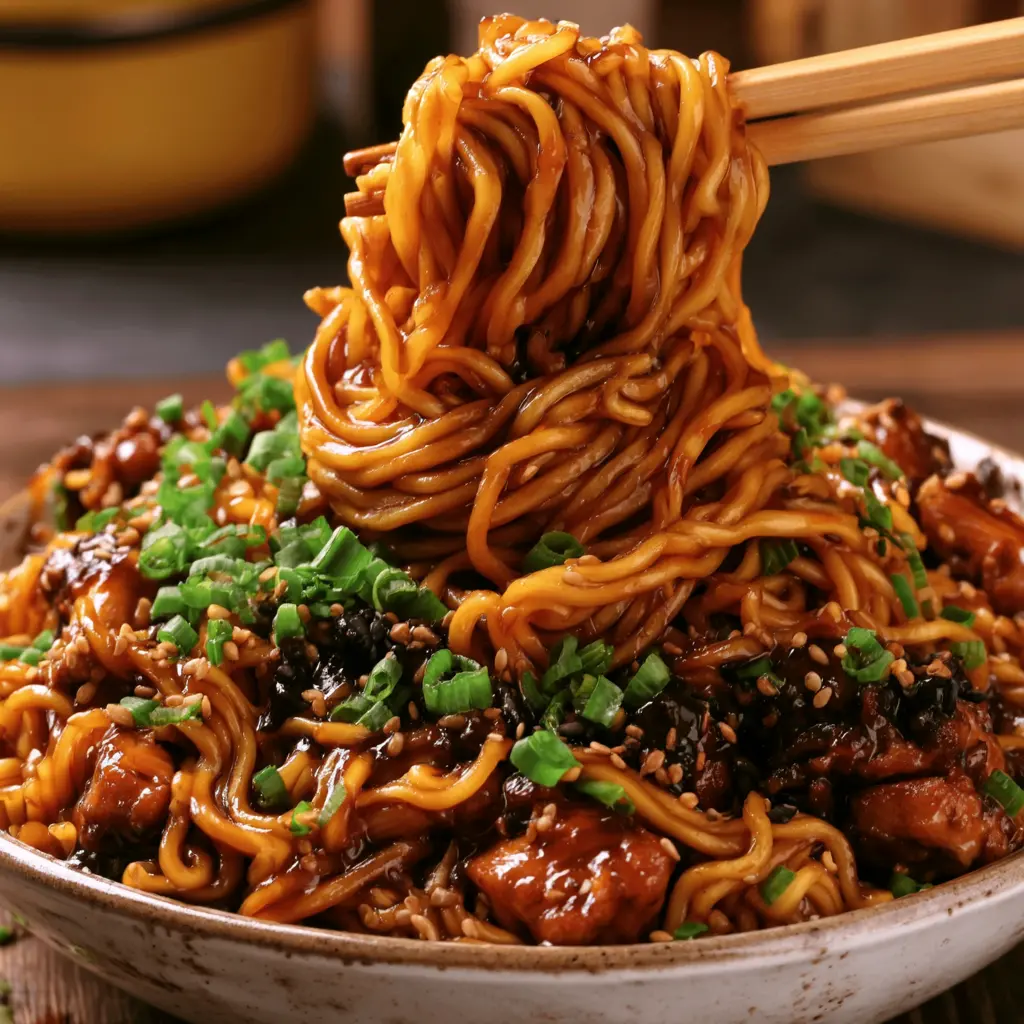 sticky garlic chicken noodles - final presentation