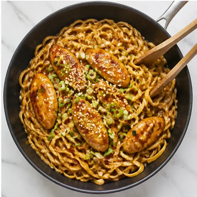 Step 4: Tossing the noodles in the sticky sauce with scallions and sesame