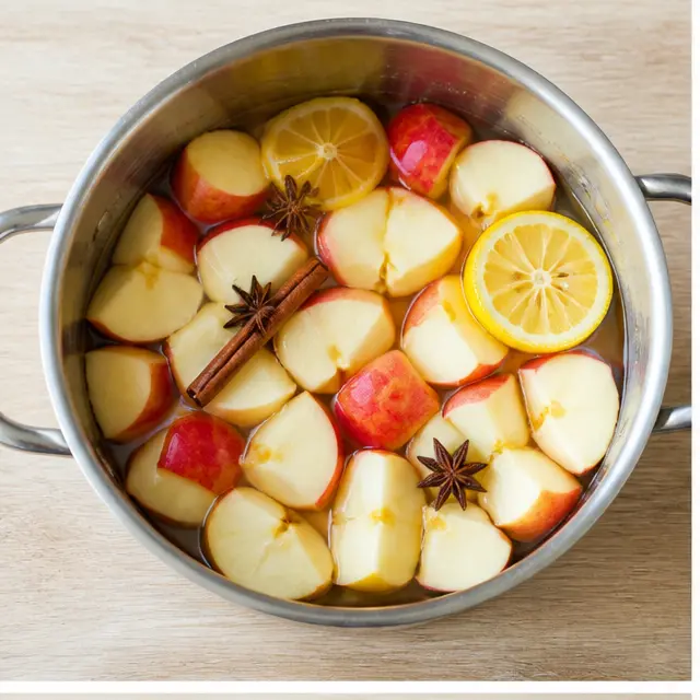 Step 1: Chunk the apples and combine with cinnamon, lemon, vanilla, and star anise in a heavy-bottomed pot.