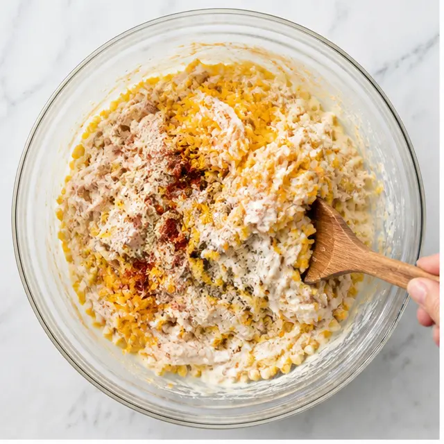 Step 1: Mixing the creamy filling with shredded chicken and corn