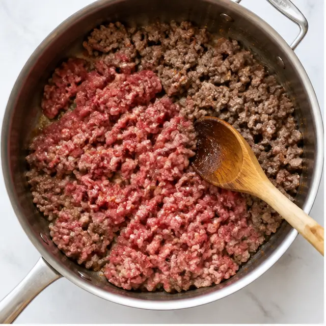 Browning ground beef in a large skillet