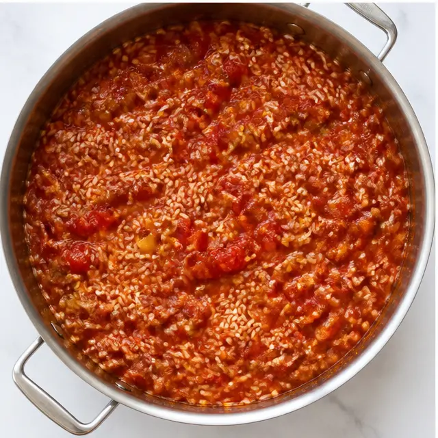 Stirring in uncooked long-grain white rice, diced tomatoes and tomato paste