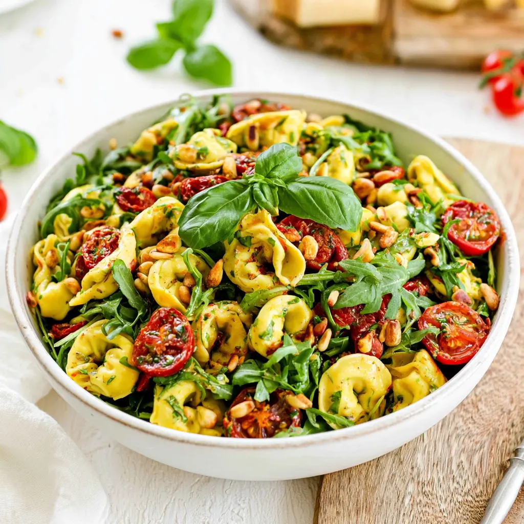 summer tortellini salad with arugula - final presentation