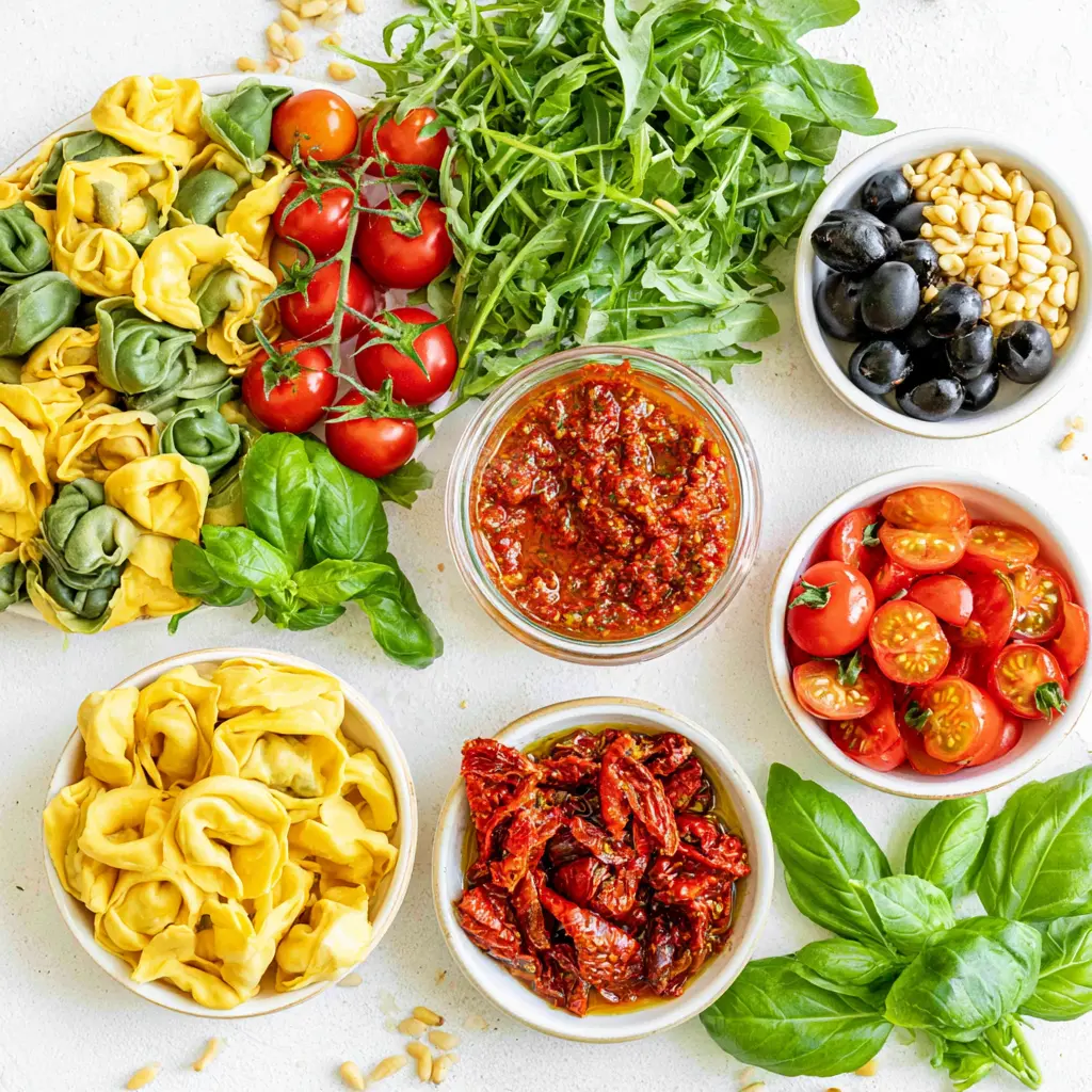 summer tortellini salad with arugula - main ingredients