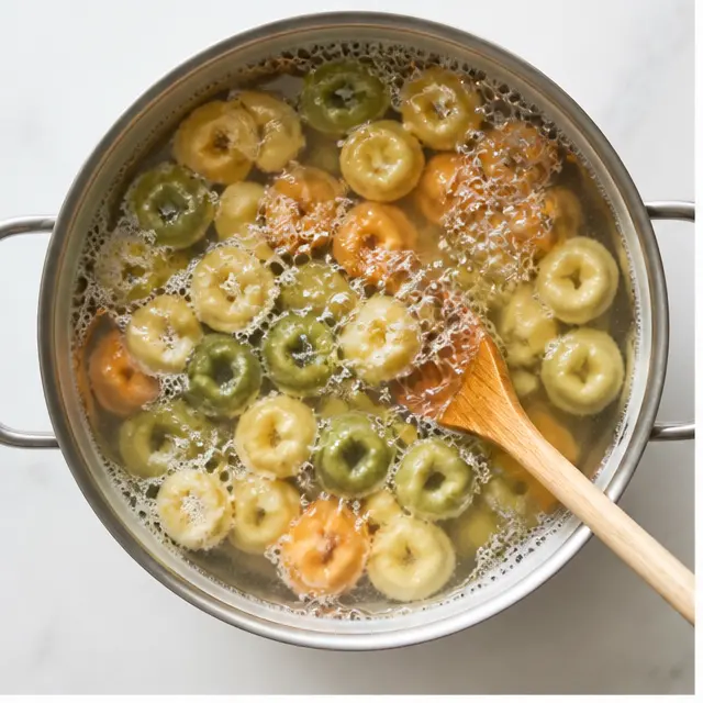 Step 1: Boiling tri-color tortellini in salted water until they float