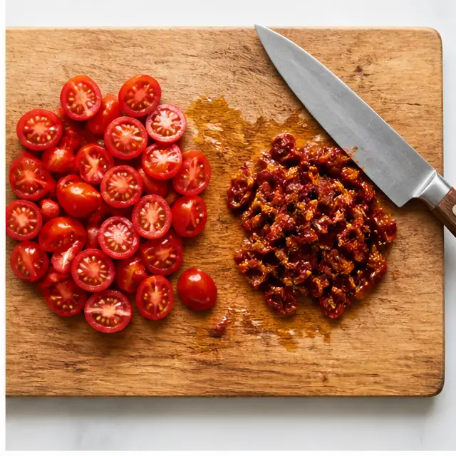 Step 2: Halving cherry tomatoes and chopping sun-dried tomatoes