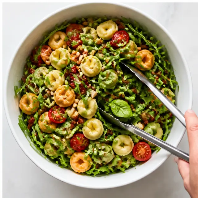 Step 4: Tossing the dressed salad with arugula and basil in a large bowl