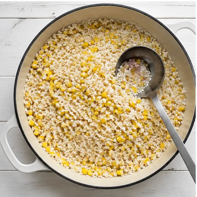 Step 3: Toasting arborio rice until translucent at the edges