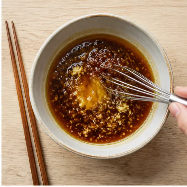 Step 2: Whisking honey, soy sauce, rice vinegar, sesame oil, and ginger into a glossy sauce