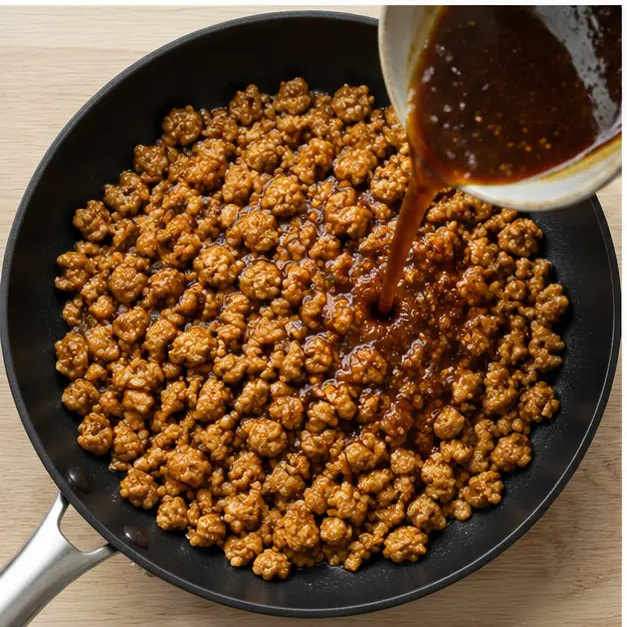 Step 3: Pouring the sauce over browned chicken to create a sticky amber glaze