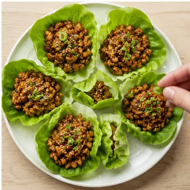 Step 4: Filling bright green butter lettuce cups with the glazed chicken