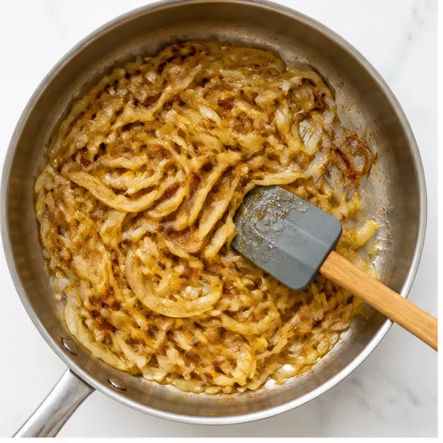 Caramelizing sliced yellow onions in olive oil until golden