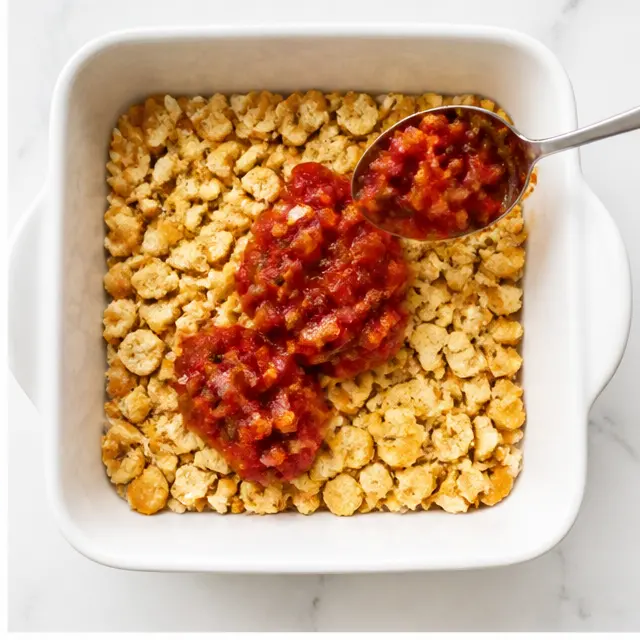 Layering crushed crackers and fire-roasted tomatoes in the casserole dish
