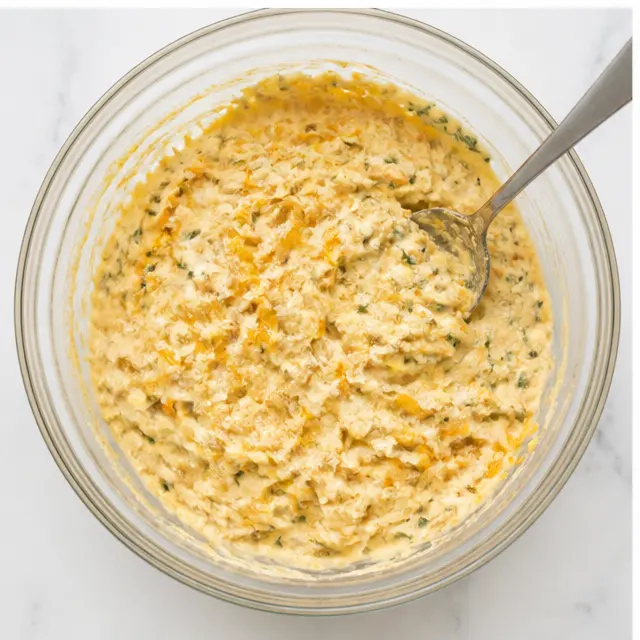 Blending mayonnaise, cheddar, Parmesan, and basil into the topping