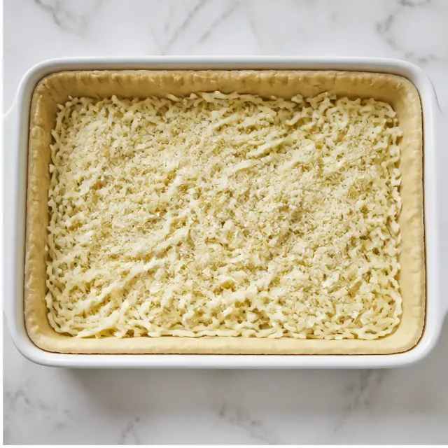 Step 2: Press the combined pie dough into a shallow pan and layer the three cheeses on top.