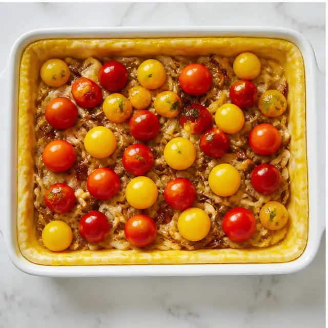 Step 3: Arrange the caramelized onions and whole cherry tomatoes in a single layer and brush the edges with egg wash.