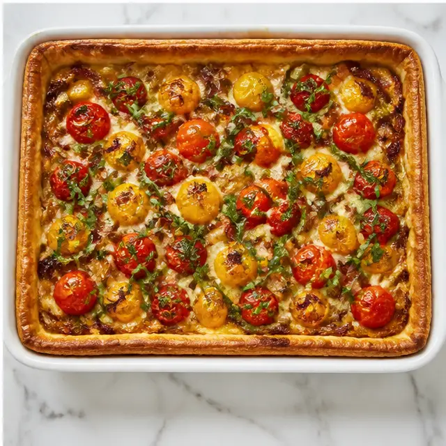 Step 4: Bake until golden and blistered, then rest, garnish with fresh basil, and slice into squares.