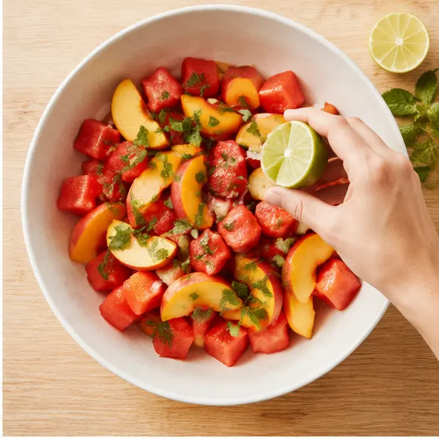 Step 2: Tossing the fruit with chopped mint, fresh lime juice, and sea salt