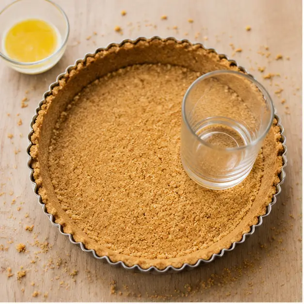 Pressing buttery graham cracker crumbs into a fluted tart pan with a flat-bottomed glass