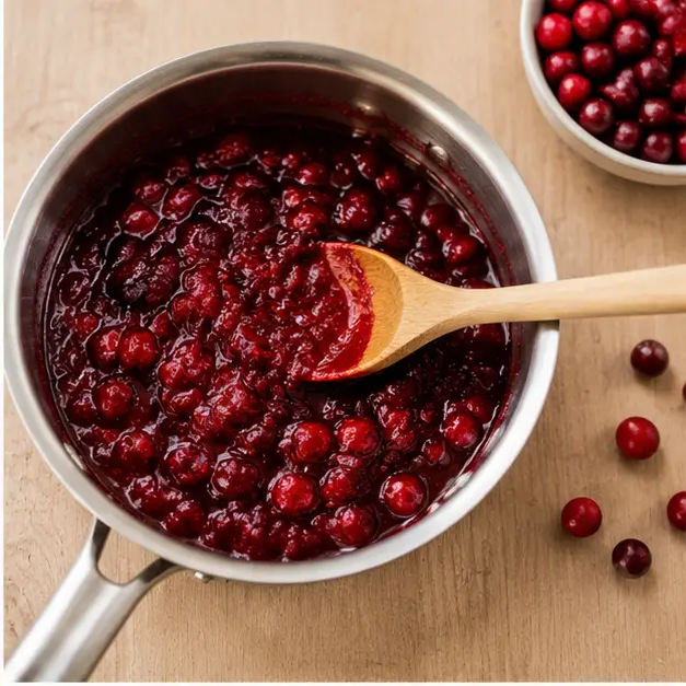 Simmering fresh cranberries with sugar until jammy and deep ruby red