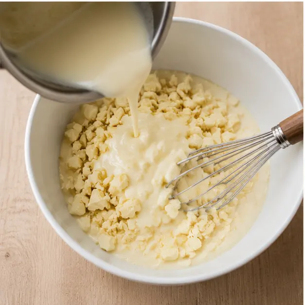 Pouring warm cream and butter over chopped white chocolate to make silky ganache
