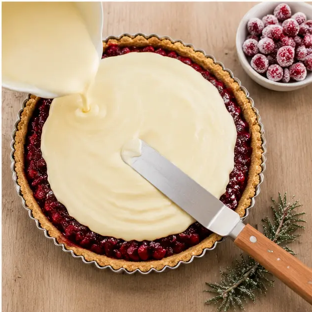 Topping the cranberry layer with white chocolate ganache in the assembled tart