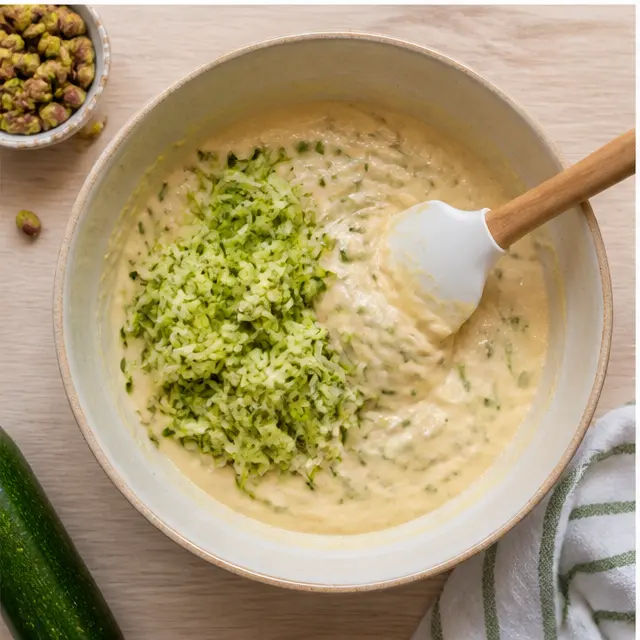 Fold grated zucchini into the wet batter