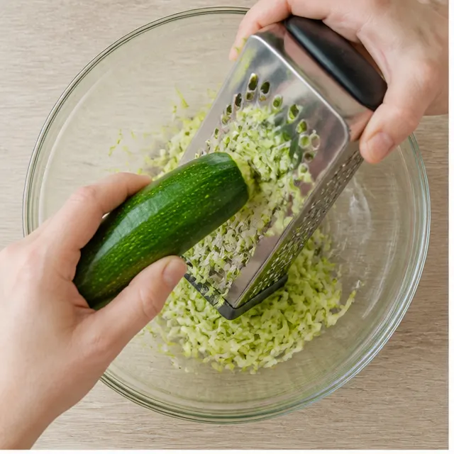 Step 1: Grate fresh zucchini on fine holes and squeeze out excess moisture in a kitchen towel