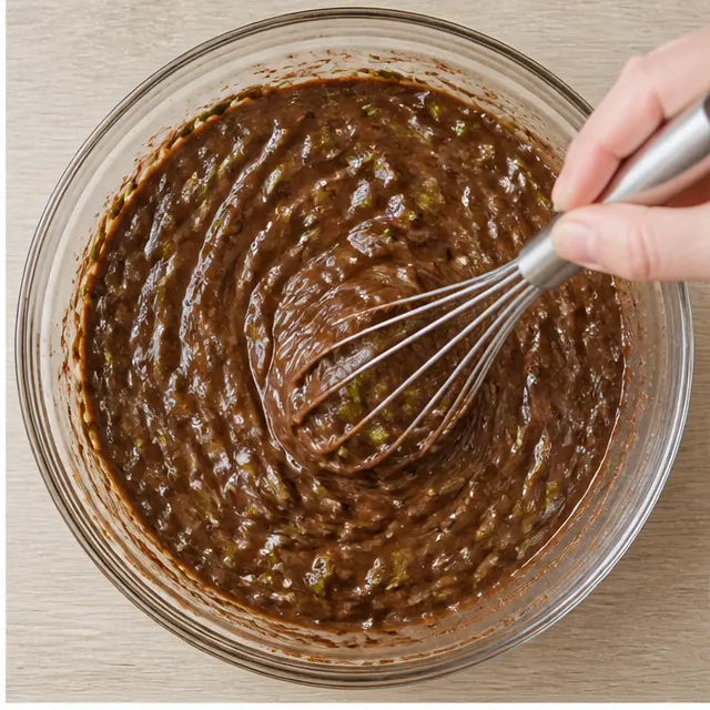 Step 2: Whisk melted coconut oil, sugar, egg, and vanilla into a glossy base, then stir in zucchini