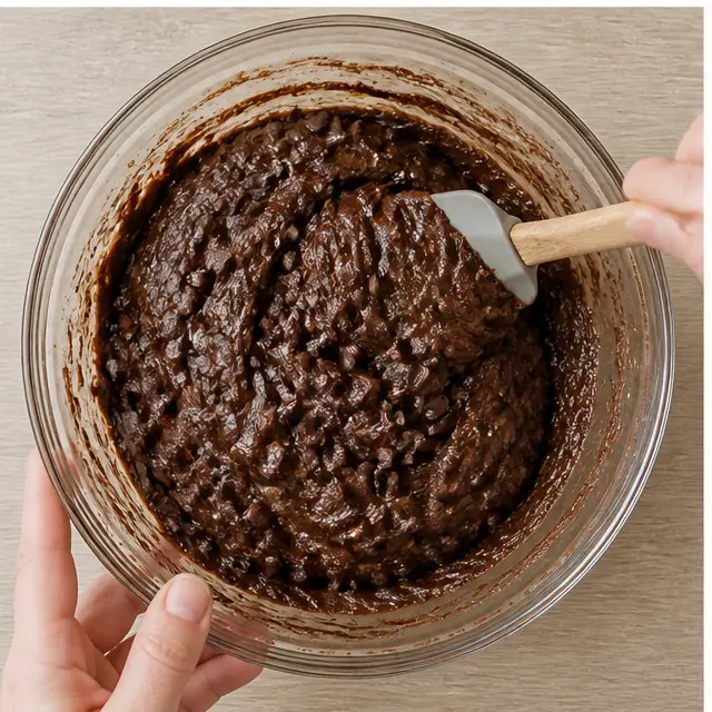 Step 3: Fold in flour, dark cocoa powder, baking soda, and salt with dark chocolate chips until just combined