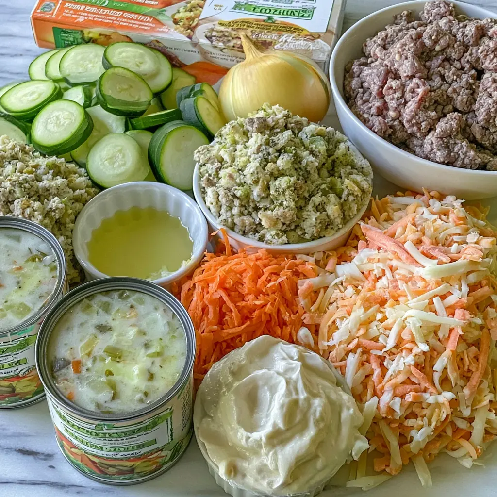 zucchini hamburger casserole - main ingredients