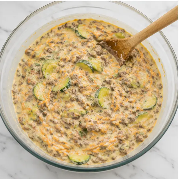 Step 3: Mix creamy filling with soups, sour cream, carrots, zucchini and beef