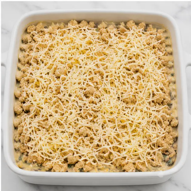 Step 4: Layer assembled casserole with stuffing mix and cheese for baking