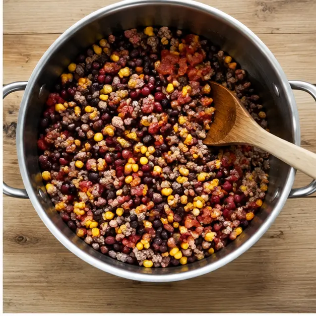 Step 2: Adding the drained beans, corn, and undrained diced tomatoes