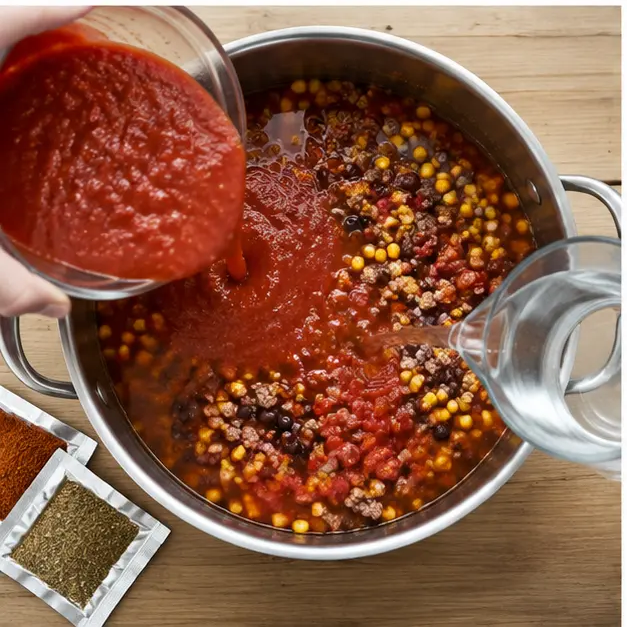 Step 3: Stirring in salsa, water, taco seasoning, and ranch dressing mix