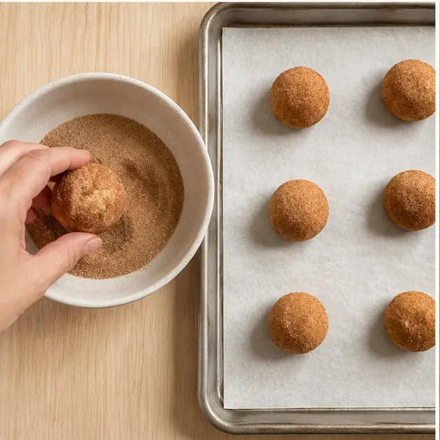 Shape the dough into round balls and roll each one in the cinnamon sugar coating until fully covered