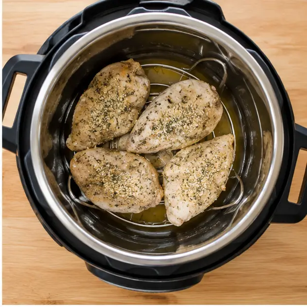 Layering seasoned chicken fillets on a trivet over broth in the pressure cooker