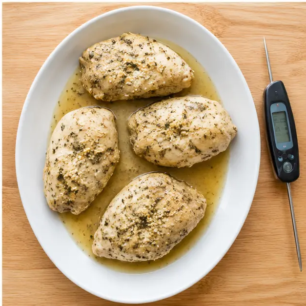 Checking final internal temperature and resting cooked chicken fillets