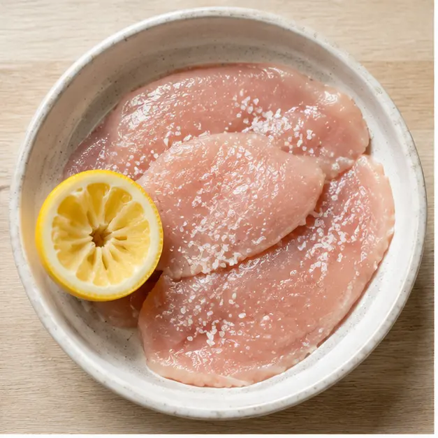 Step 1: Seasoning raw chicken fillets with lemon and salt