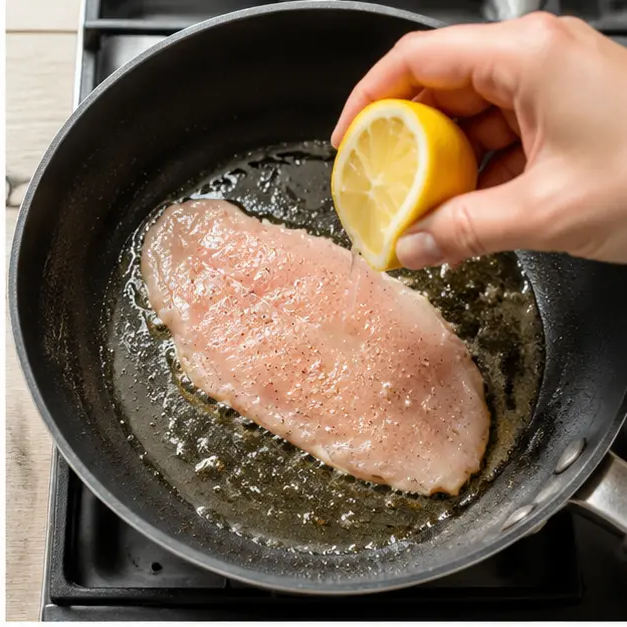 Step 2: Adding chicken to warm oil and pouring in lemon juice
