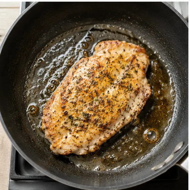 Step 3: Flipping to golden brown with oregano and pepper