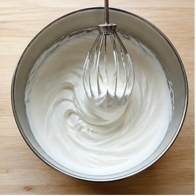Whip the very cold heavy whipping cream to stiff peaks until the whisk leaves firm tracks