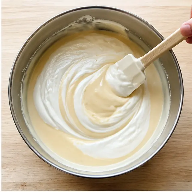 Fold the sweetened condensed milk mixture into the whipped cream gently until no white streaks remain