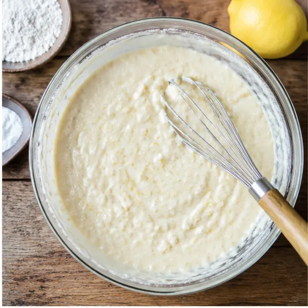 Rub Meyer lemon zest into sugar and stir a tender buttermilk batter until just combined