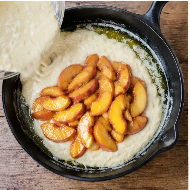 Pour the batter over melted butter in a hot cast iron skillet and spoon peaches on top